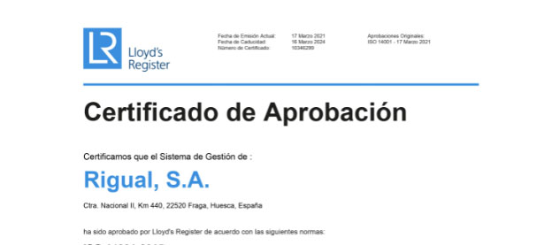 Rigual, S.A. obtiene el certificado medio ambiental UNE EN ISO 14001:2015